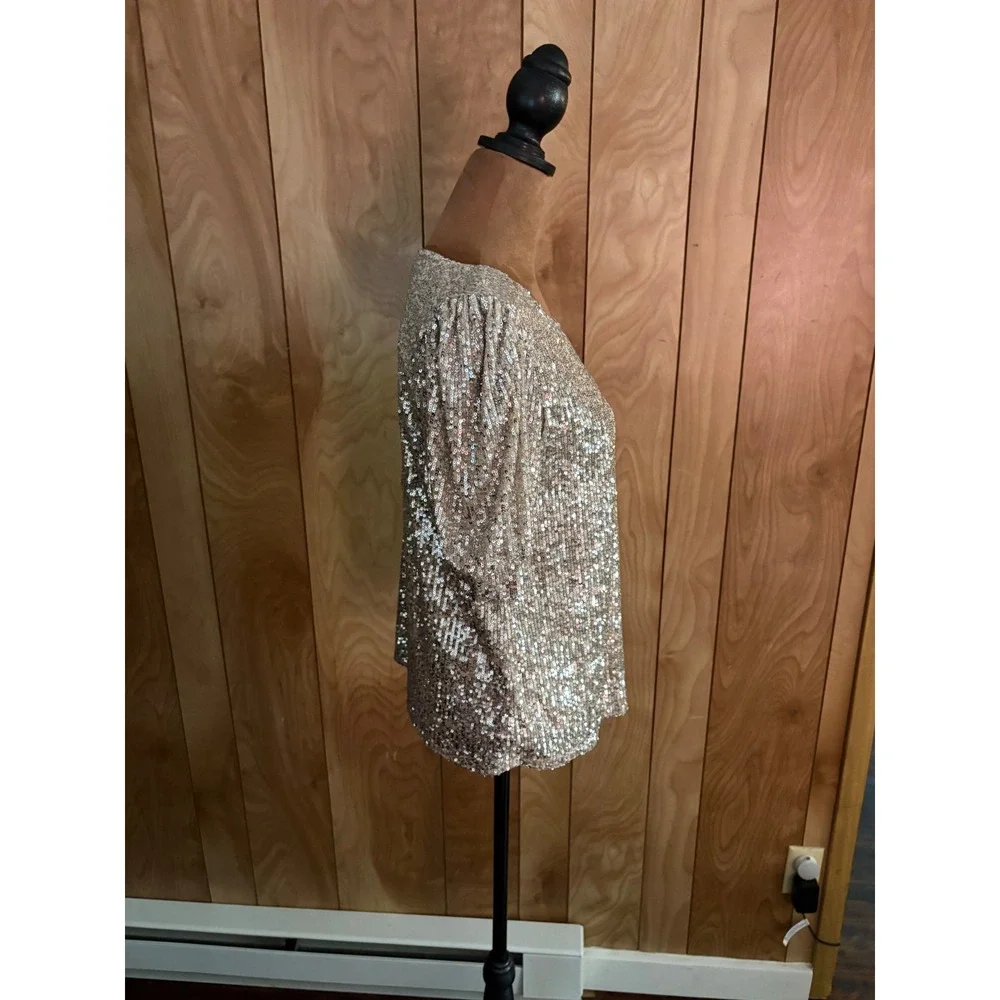 Cable & Gauge Womens Sequin Short Sleeve Scoop Neck Party Top Champagne Silver S - Picture 2 of 6